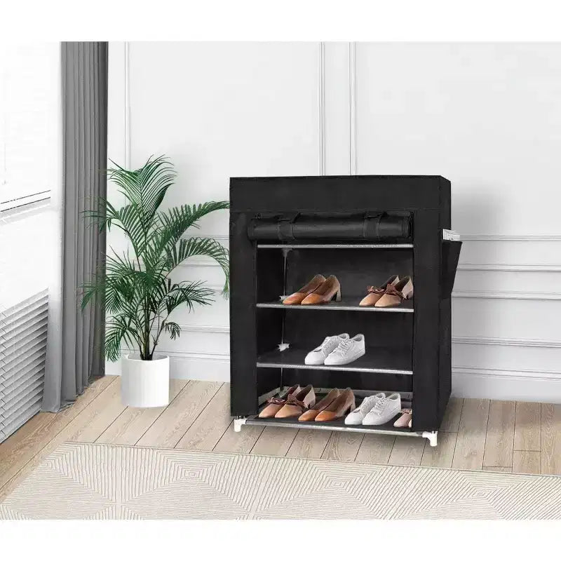 J&V TEXTILES 4 Tier Shoe Rack with Side Pocket Holds 24 Shoes Black