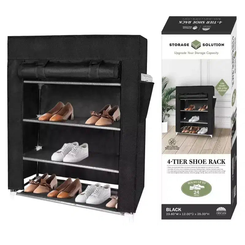 J&V TEXTILES 4 Tier Shoe Rack with Side Pocket Holds 24 Shoes Black