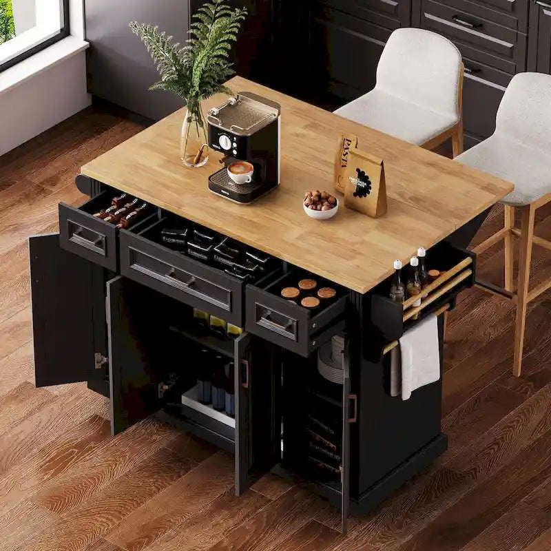 54 - Grande isola cucina con anta a ribalta in legno di gomma, carrello da cucina scorrevole con texture in rilievo su 4 ruote con 4 ante e 3 cassetti