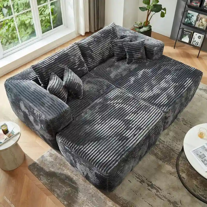 Divano componibile moderno HOOOWOOO in peluche a L con pouf rimovibile