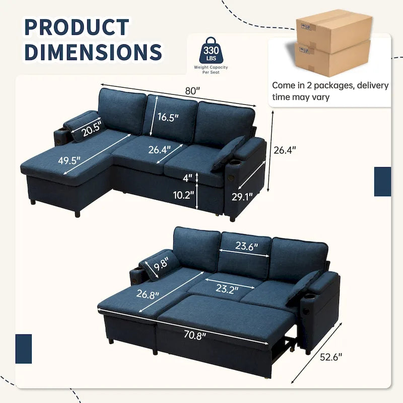 Divano letto a L da 80", Divano letto a scomparsa, Divano letto convertibile con penisola reversibile
