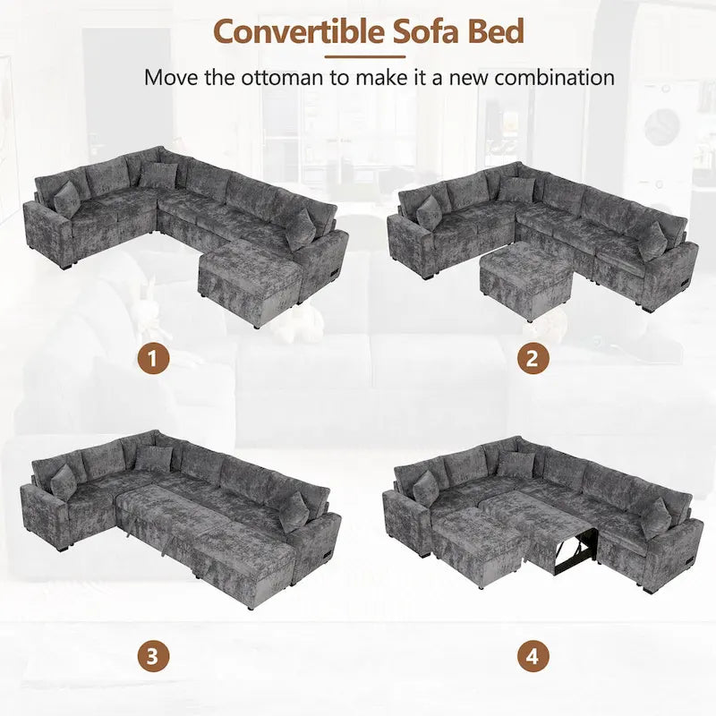 Divano sezionale in ciniglia con letto estraibile, divano letto a L con pouf contenitore, 3 cuscini e dispositivi di ricarica