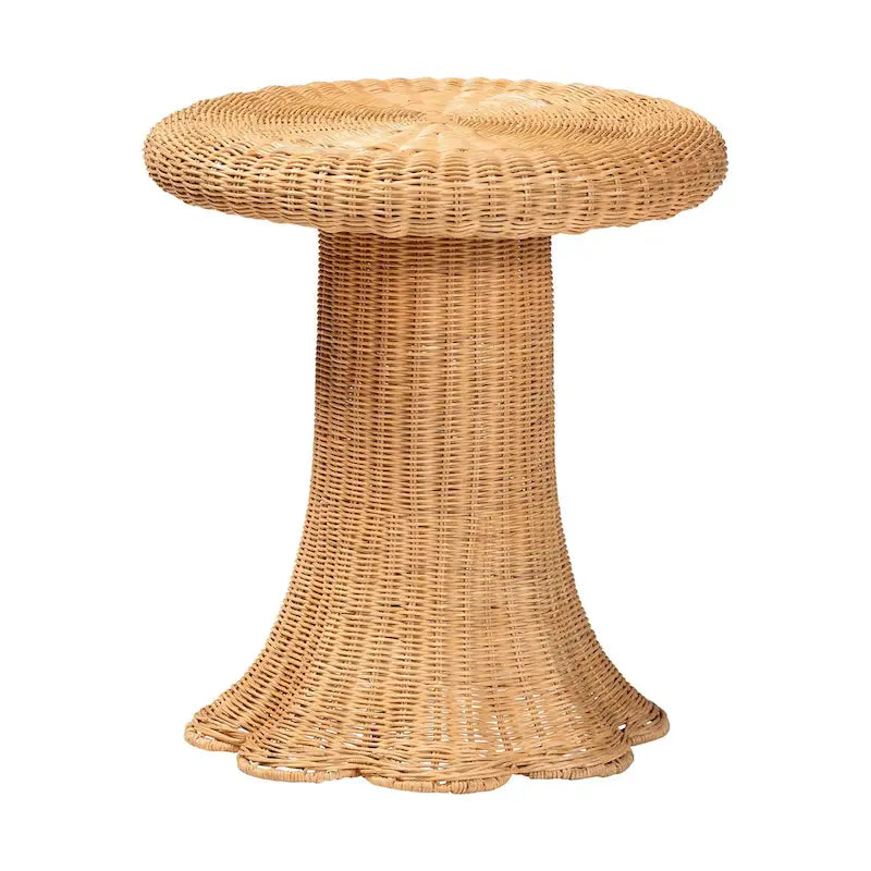 Tavolino in rattan naturale Avalon Scallop - Tavolino in vimini intrecciato a mano con base a gonna, stile costiero per soggiorno o corridoio