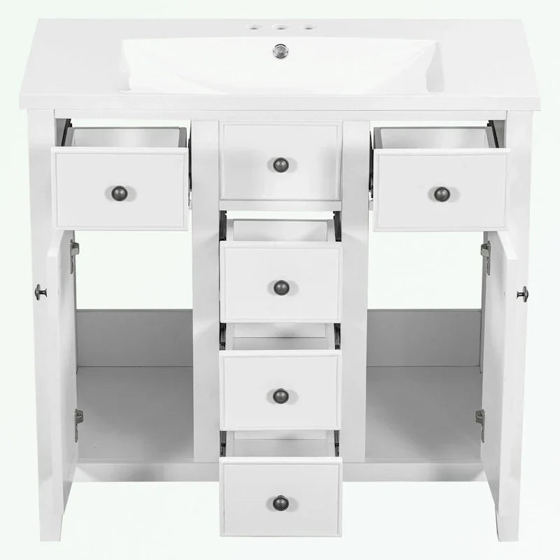 Mobile bagno con lavabo in ceramica, due ante e cinque cassetti