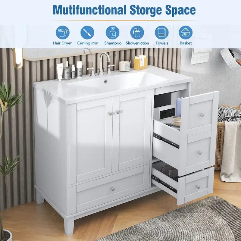Mobile bagno da 36 pollici con ricarica USB, lavabo in resina, telaio in legno massello, 3 cassetti contenitori