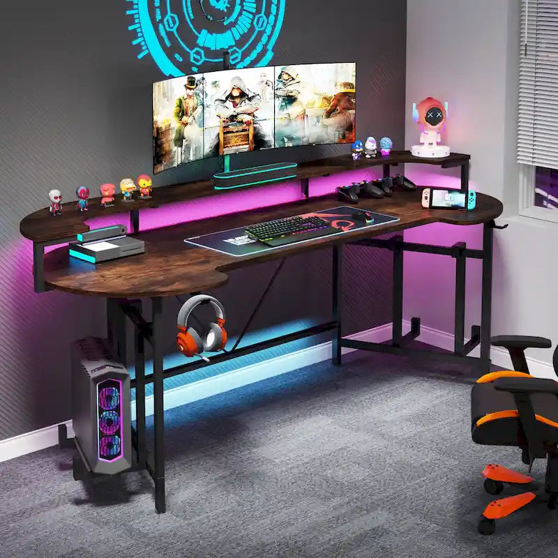Scrivania da Gaming con Ripiano Monitor, Scrivania per PC Computer da 75 Pollici con Striscia LED