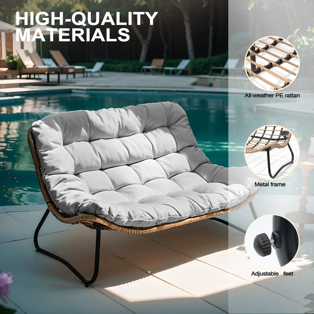 Divanetto due posti Double Papasan con cuscino, in rattan PE per tutte le stagioni e struttura in metallo per interni ed esterni