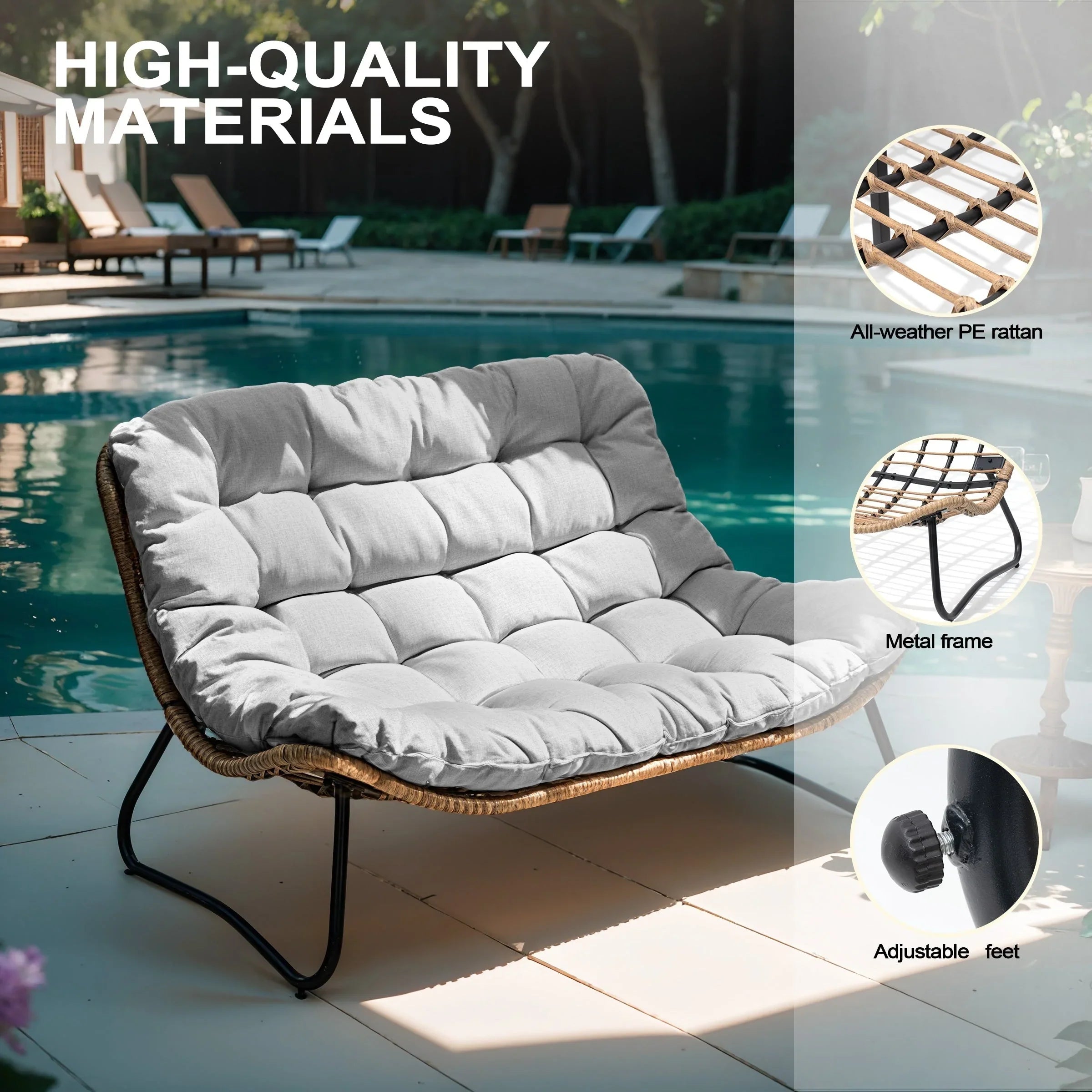 Divanetto due posti Double Papasan con cuscino, in rattan PE per tutte le stagioni e struttura in metallo per interni ed esterni
