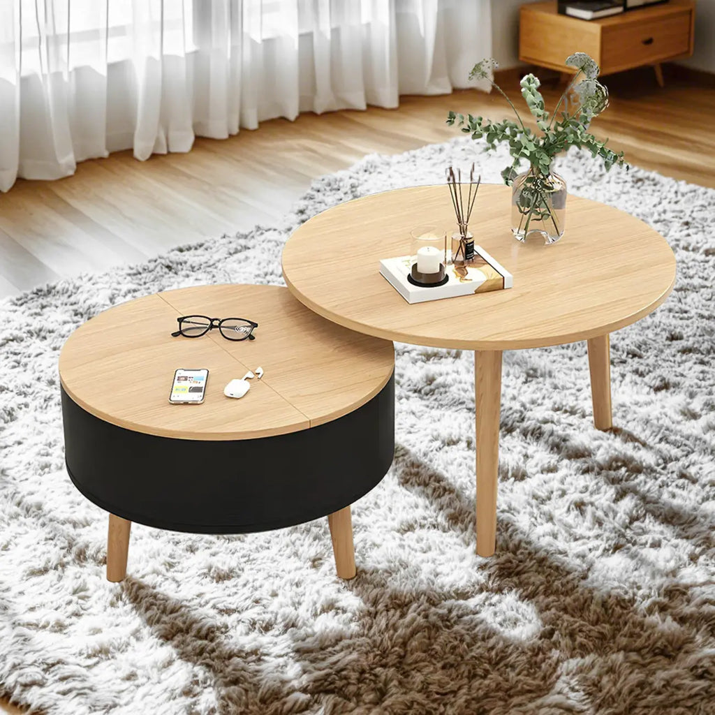 Tavolino da caffè rotondo moderno in legno bianco e nero con contenitore