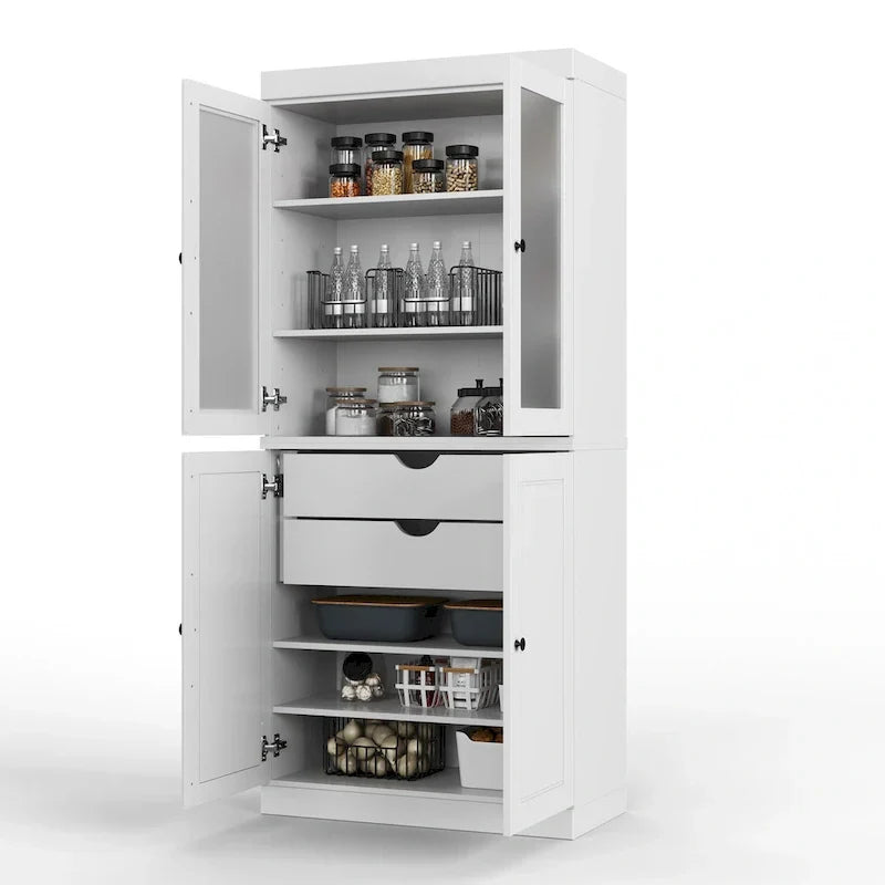 Mobile Dispensa in Legno Massello al 100% con Ante in Vetro Satinato, Ante Piene, 2 Cassetti e Ripiani Regolabili