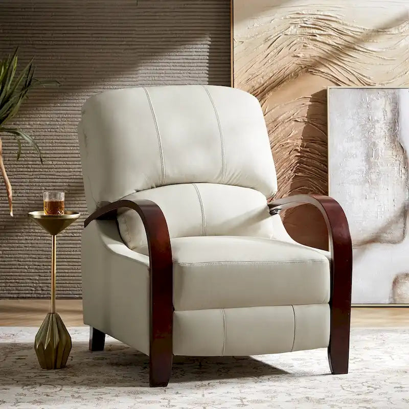 Poltrona reclinabile manuale Alex Mid-century Modern Cigar in vera pelle con braccioli ricurvi in legno