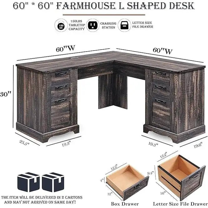 60 Scrivania Direzionale a L da Fattoria, Scrivania ad Angolo in Legno, Scrivania per Computer