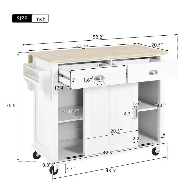 Carrello da cucina con piano d'appoggio ribaltabile in legno di gomma, porta scorrevole a scomparsa con altezza regolabile, isola da cucina su 4 ruote