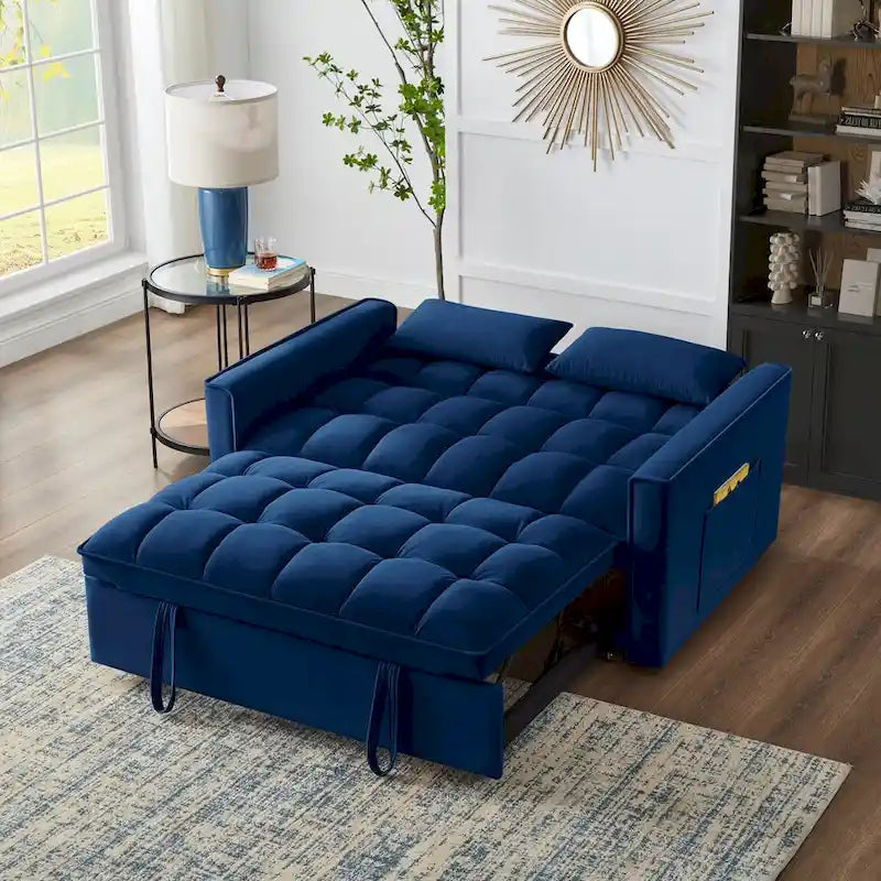 Divano letto a due posti 4 in 1 con braccioli e tasche portaoggetti, divano letto estraibile multifunzionale trapuntato con schienale regolabile