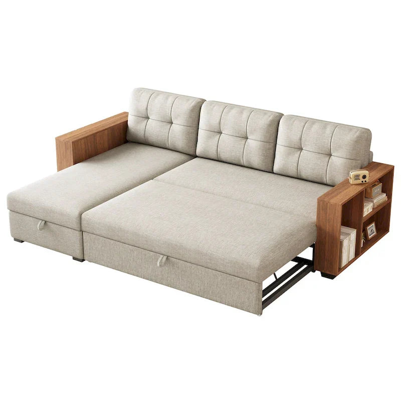 Divano Sezionale Convertibile con Letto Estraibile e Chaise Longue Contenitore Nascosto