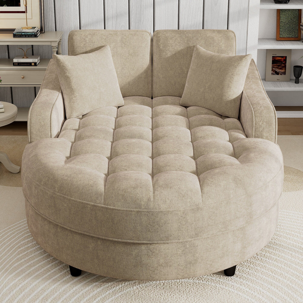 Divano Letto Chaise Longue in ciniglia, Divano Imbottito con Schienale Trapuntato e 2 Cuscini Rimovibili per Soggiorno
