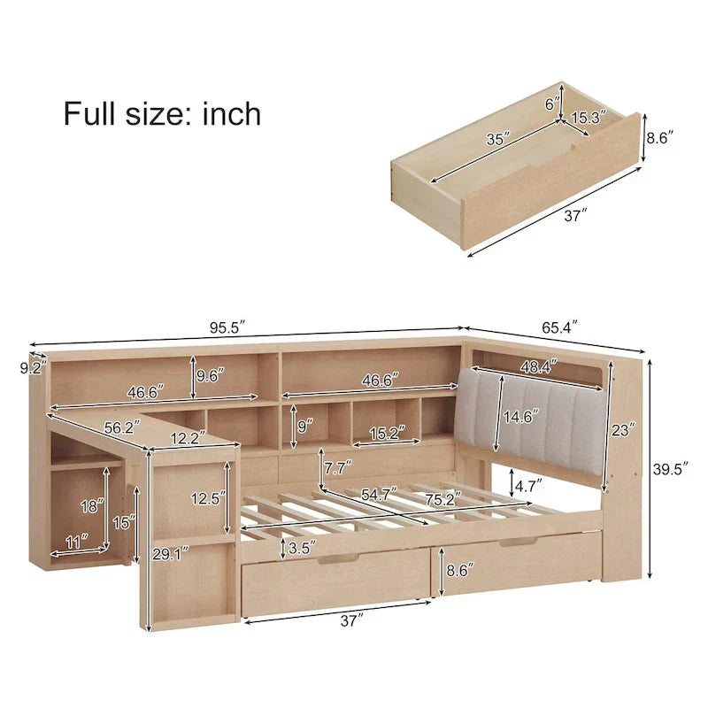 Divano Letto a "L" in Legno con Scrivania, Mobile Libreria, Letto Angolare con Cassetti Sottostanti, Testiera Imbottita con Luce Integrata