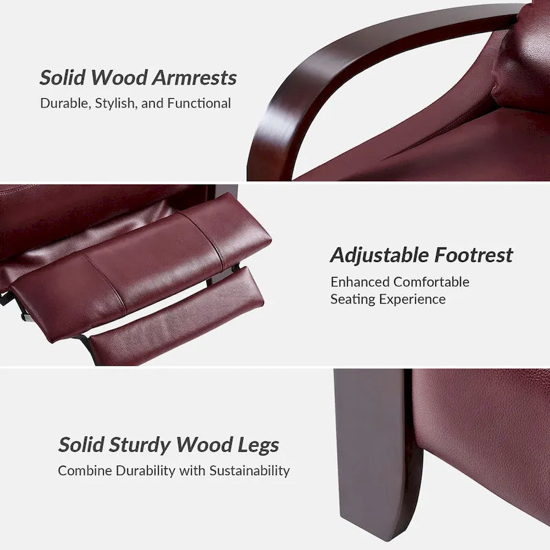 Poltrona reclinabile manuale Alex Mid-century Modern Cigar in vera pelle con braccioli ricurvi in legno