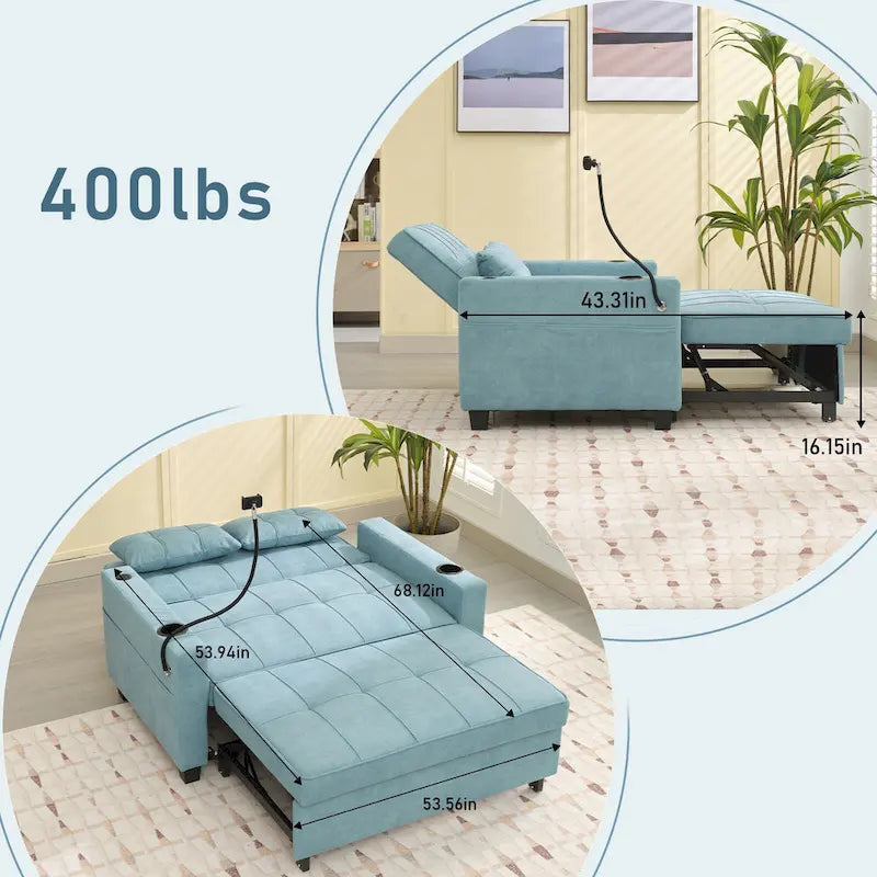 Divano Letto Convertibile Estraibile 3-in-1 con Porte USB