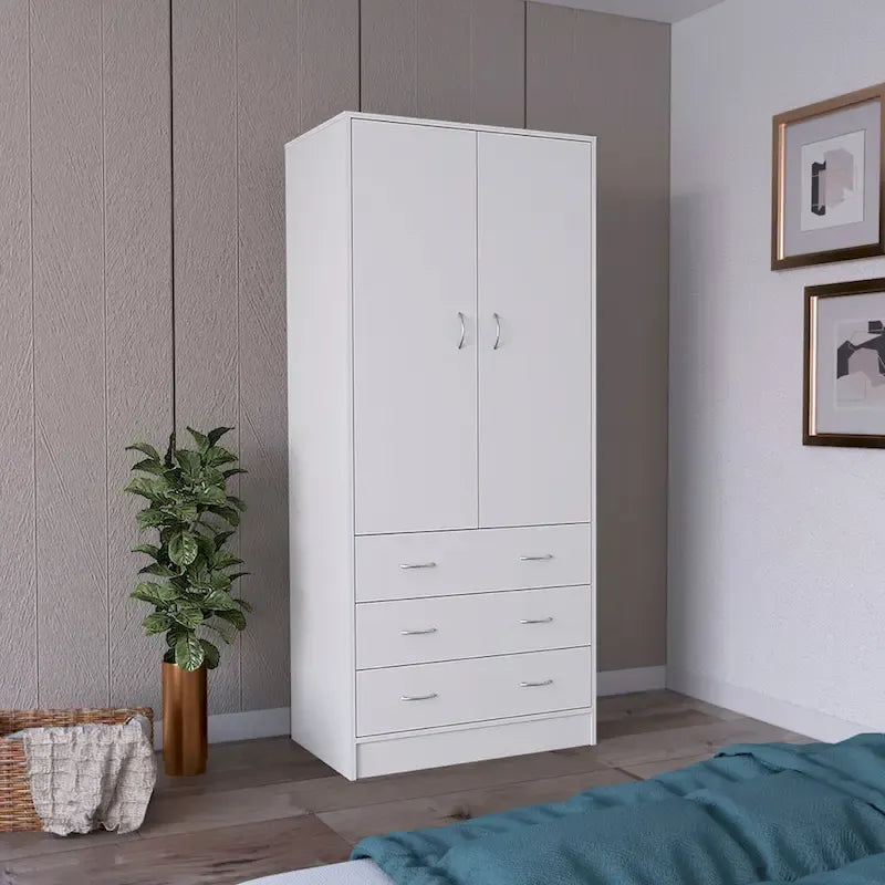 19 Armadio moderno a due ante con 3 cassetti e 1 asta appendiabiti per camera da letto