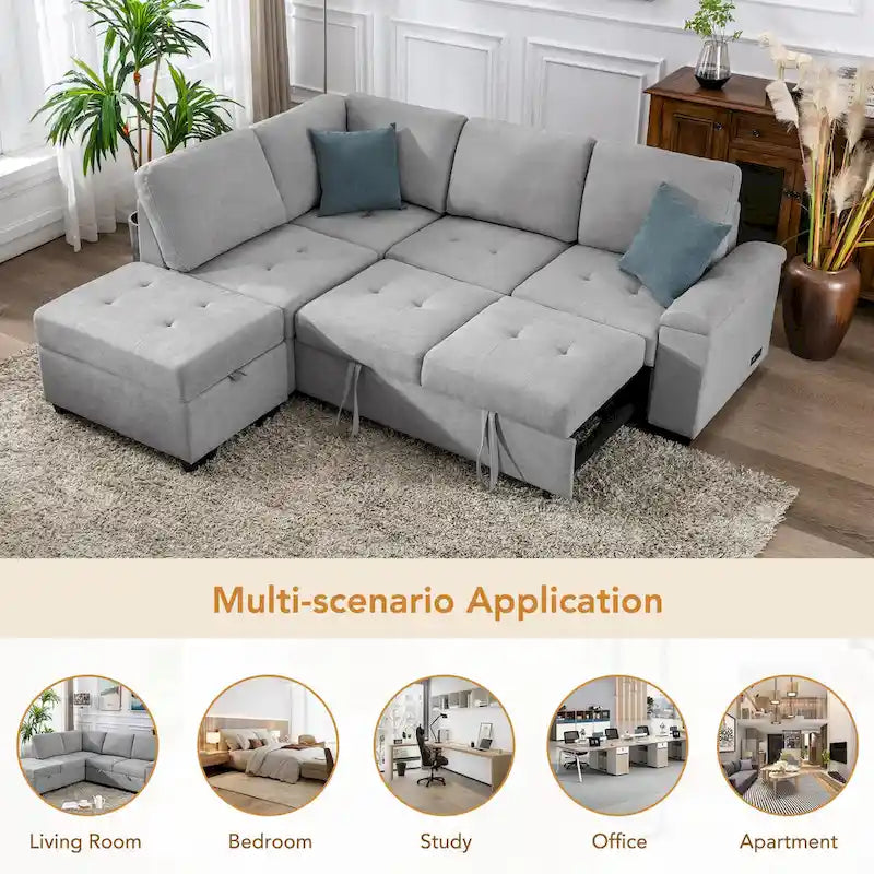 Divano sezionale a L a 5 posti con funzione letto, con pouf contenitore, vano contenitore nel bracciolo e ricarica USB per soggiorno, 84,75 pollici