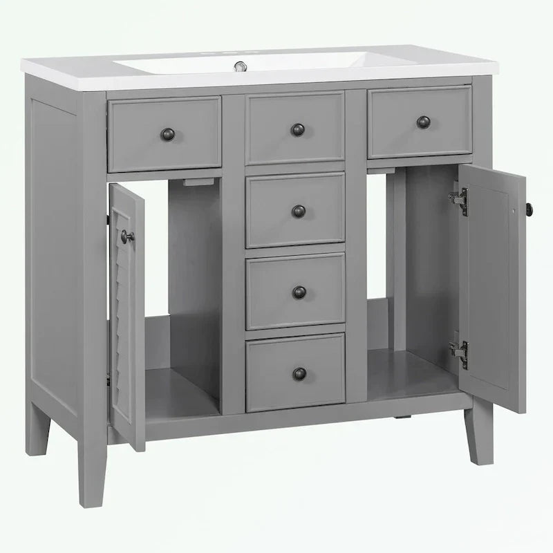 Mobile bagno con lavabo in ceramica, due ante e cinque cassetti