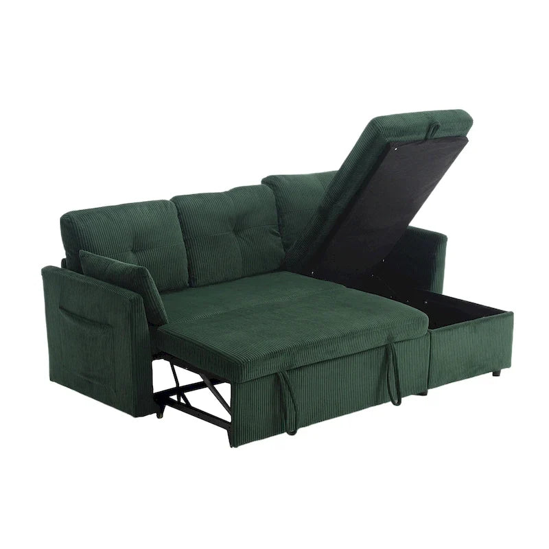 Divano Sezionale a L con Chaise Reversibile, Rivestimento in Velluto a Coste/Ciniglia, con Bracciolo Portaoggetti e Tasca Laterale