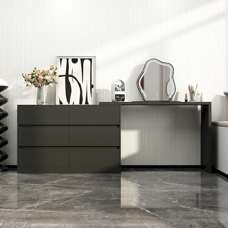 Cassettiera e Scrivania Girevole a 32,7H, con 6 Cassetti, Tavolo da Trucco, Bianco/Nero