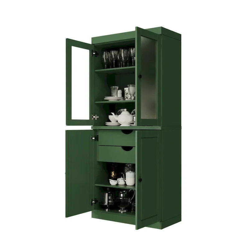 Mobile Dispensa in Legno Massello al 100% con Ante in Vetro Satinato, Ante Piene, 2 Cassetti e Ripiani Regolabili