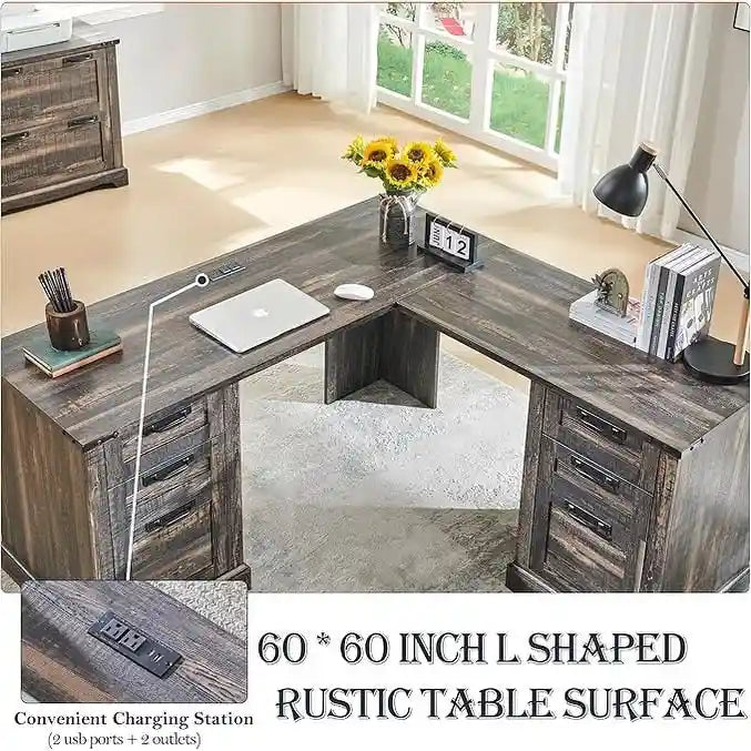 60 Scrivania Direzionale a L da Fattoria, Scrivania ad Angolo in Legno, Scrivania per Computer