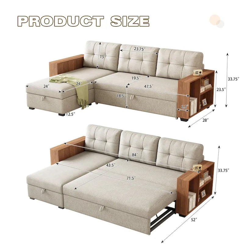 Divano Sezionale Convertibile con Letto Estraibile e Chaise Longue Contenitore Nascosto