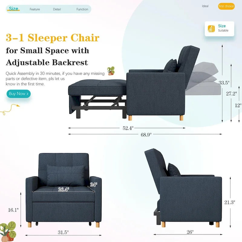 AECOJOY Poltrona Letto 3 in 1 con Cuscino e Schienale Convertibile