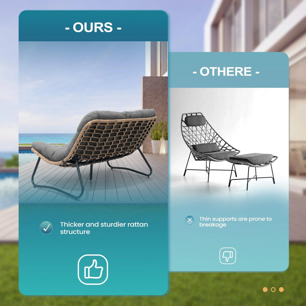 Divanetto due posti Double Papasan con cuscino, in rattan PE per tutte le stagioni e struttura in metallo per interni ed esterni