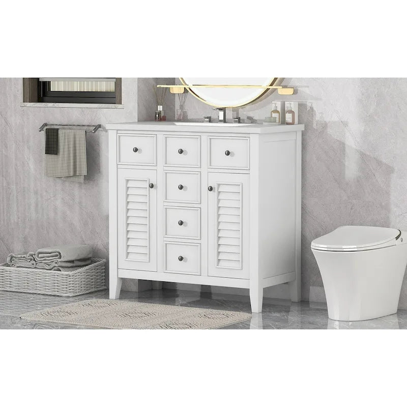 Mobile bagno con lavabo in ceramica, due ante e cinque cassetti