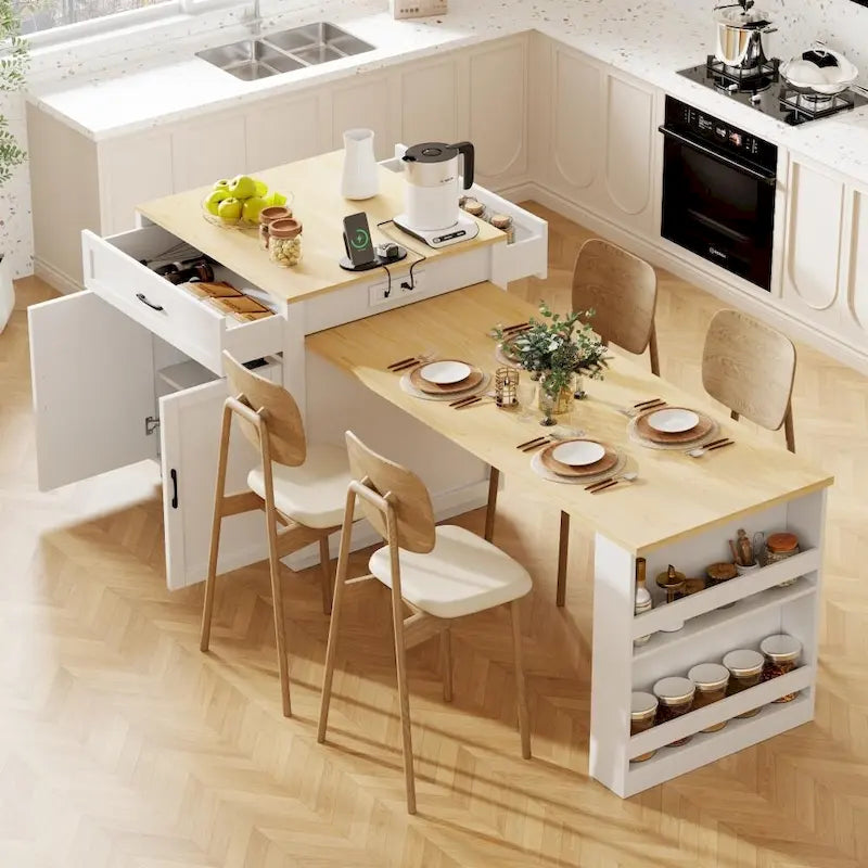 82.7 Isola da cucina in legno per 4-6 persone con tavolo da pranzo allungabile e contenitore a doppia dimensione