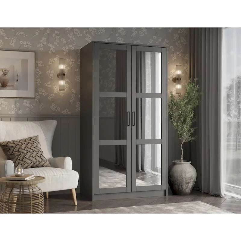 Armadio Urban a 2 ante in 100% legno massello con ante piene e a specchio