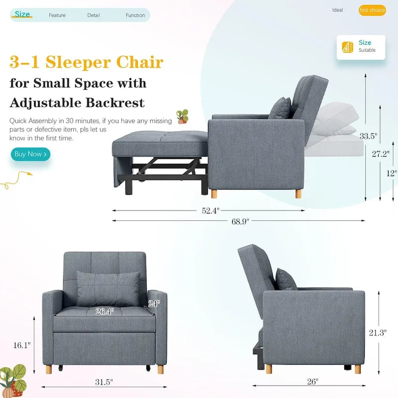 AECOJOY Poltrona Letto 3 in 1 con Cuscino e Schienale Convertibile