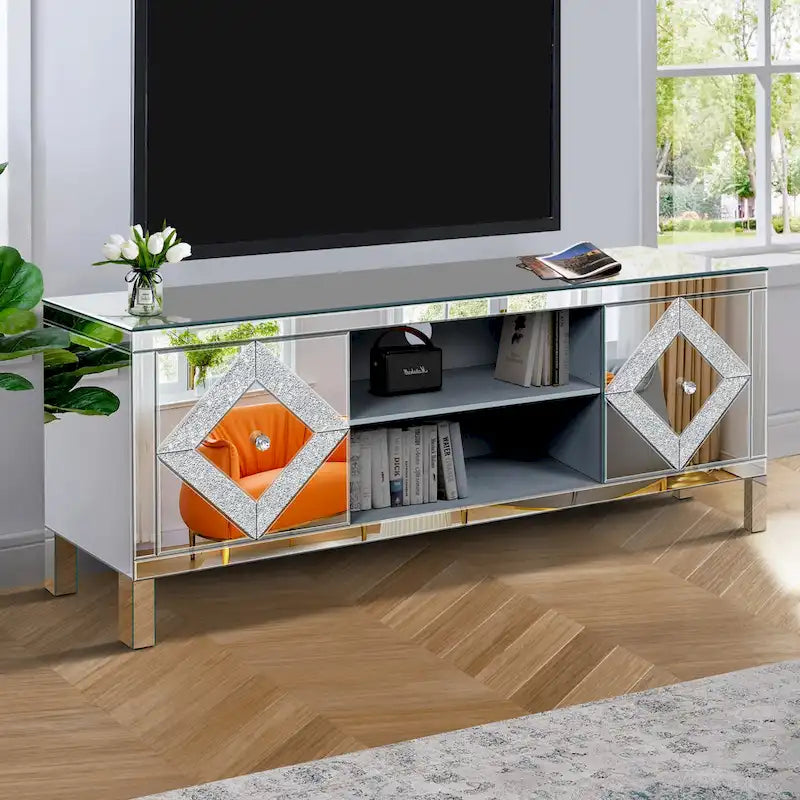 Mobile TV da 59 pollici con ante a specchio a forma di diamante e spazio di archiviazione, per TV fino a 65 pollici