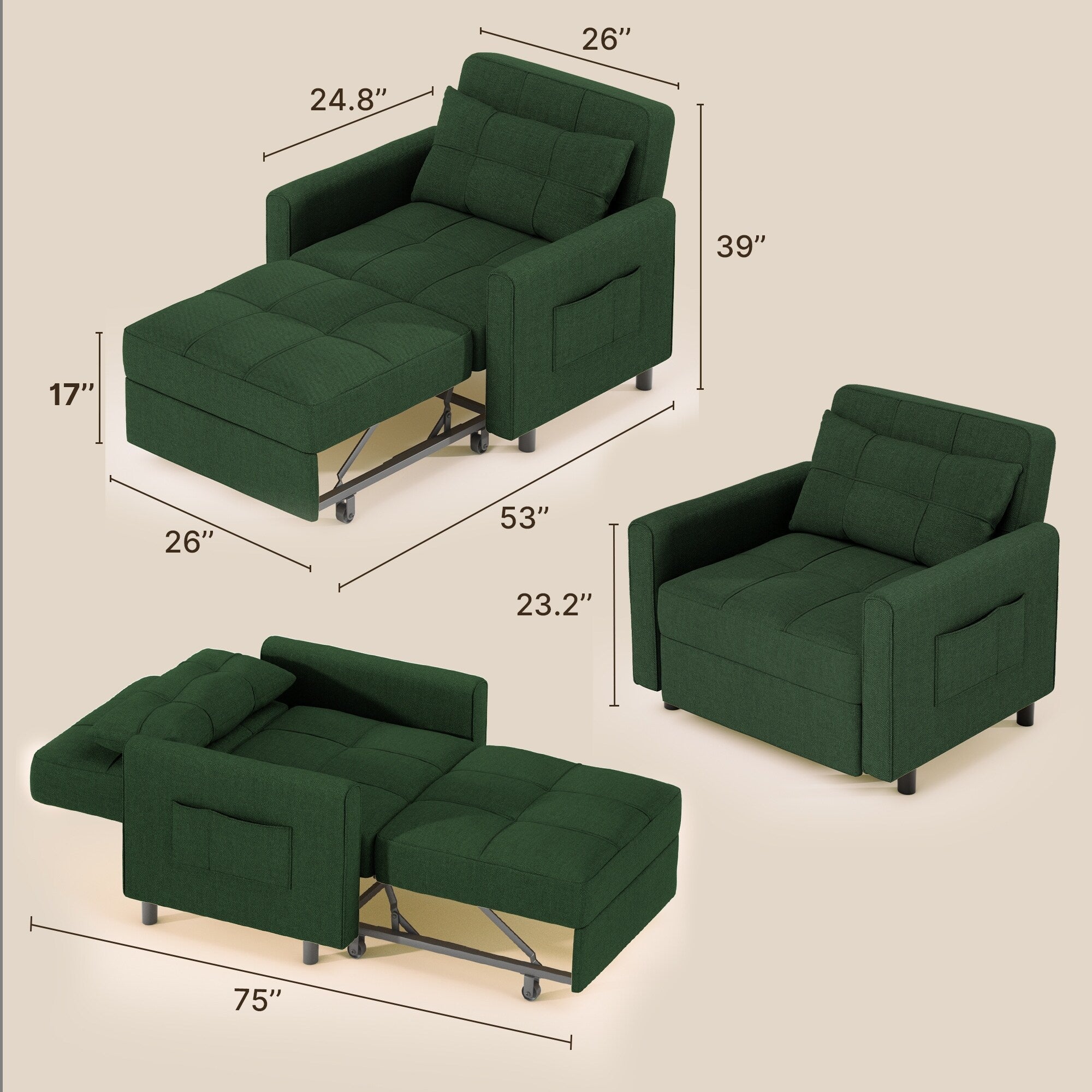 Divano letto trasformabile 3-in-1, Poltrona letto estraibile, Letto pieghevole convertibile per soggiorno