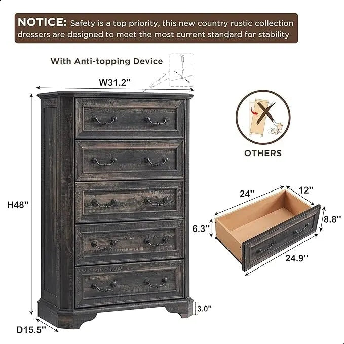 Cassettiera da Fattoria con 5 Cassetti, Comò in Legno, Organizer con Cassetti