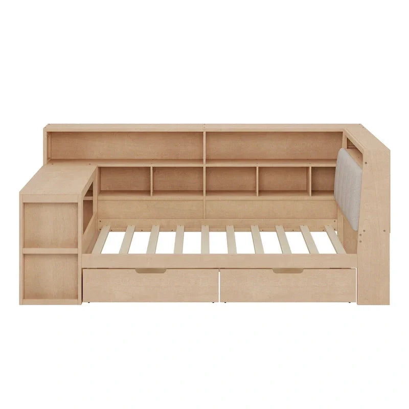 Divano Letto a "L" in Legno con Scrivania, Mobile Libreria, Letto Angolare con Cassetti Sottostanti, Testiera Imbottita con Luce Integrata