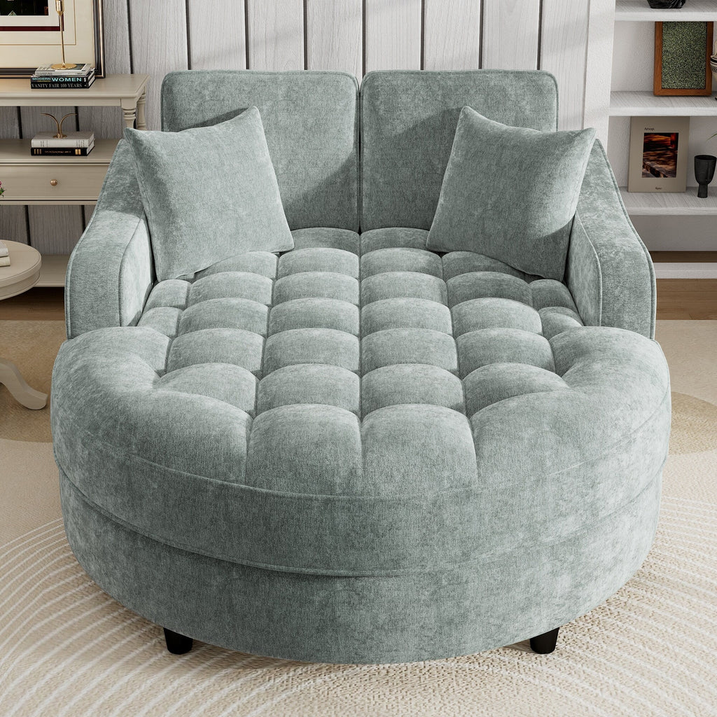 Divano Letto Chaise Longue in ciniglia, Divano Imbottito con Schienale Trapuntato e 2 Cuscini Rimovibili per Soggiorno
