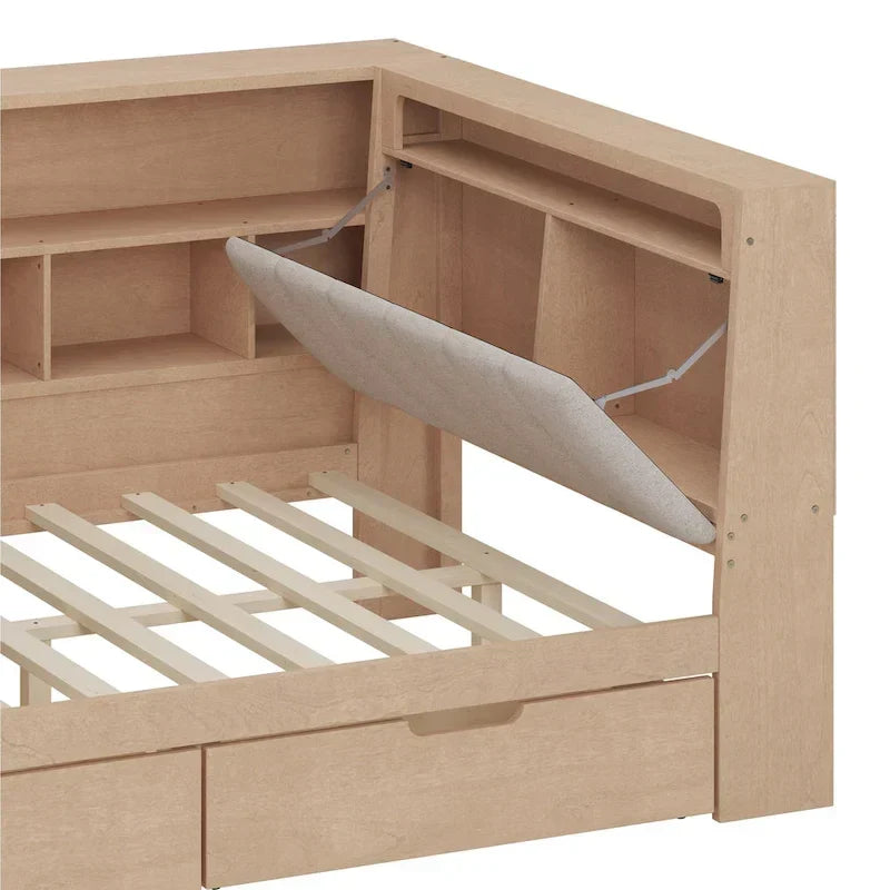 Divano Letto a "L" in Legno con Scrivania, Mobile Libreria, Letto Angolare con Cassetti Sottostanti, Testiera Imbottita con Luce Integrata