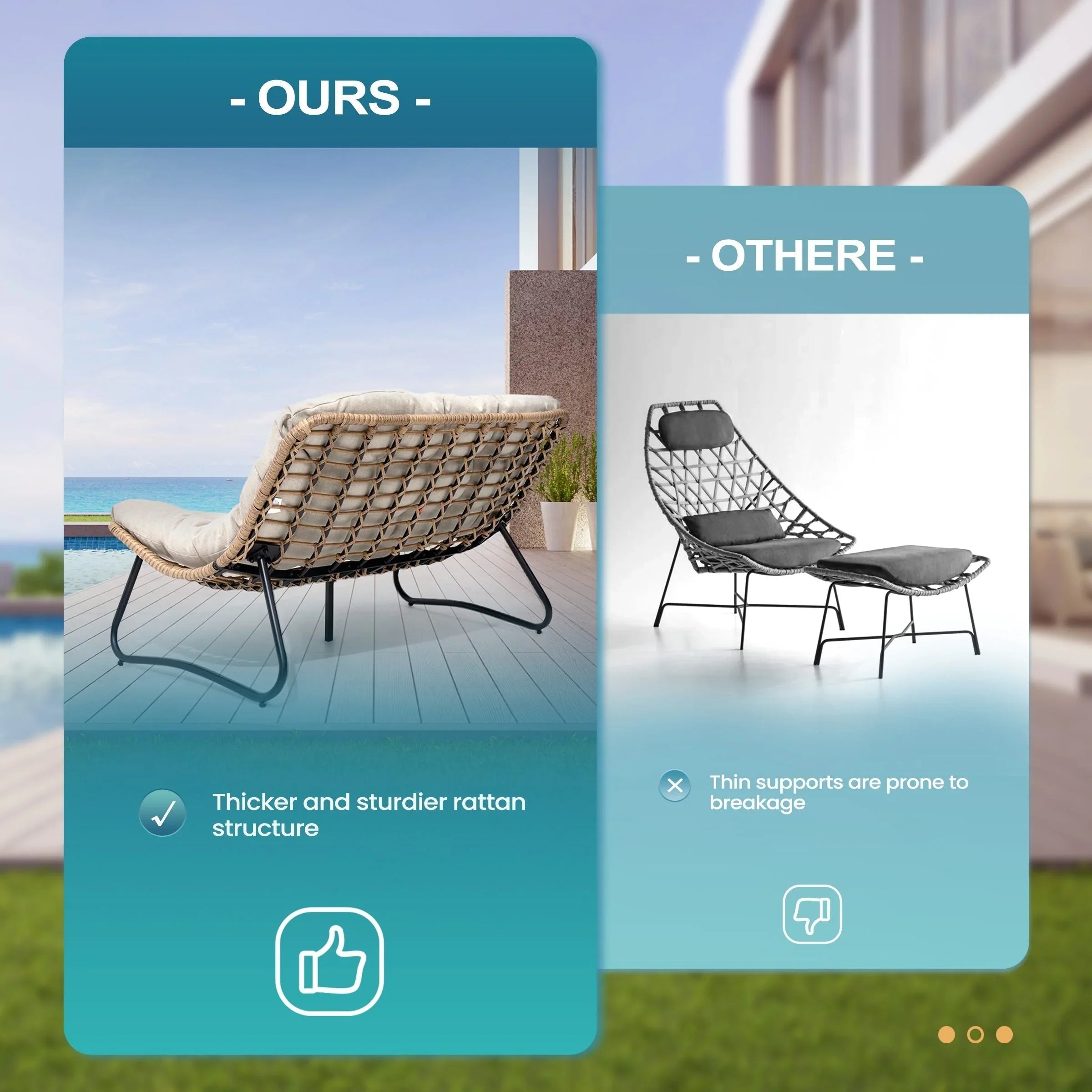 Divanetto due posti Double Papasan con cuscino, in rattan PE per tutte le stagioni e struttura in metallo per interni ed esterni