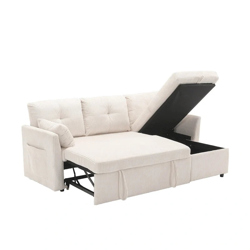 Divano Sezionale a L con Chaise Reversibile, Rivestimento in Velluto a Coste/Ciniglia, con Bracciolo Portaoggetti e Tasca Laterale