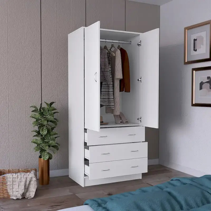 19 Armadio moderno a due ante con 3 cassetti e 1 asta appendiabiti per camera da letto