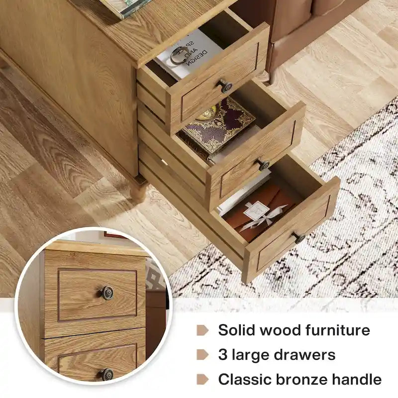Tavolino stretto completamente assemblato, tavolino in legno massello con 3 cassetti, comodino sottile vintage per piccoli spazi