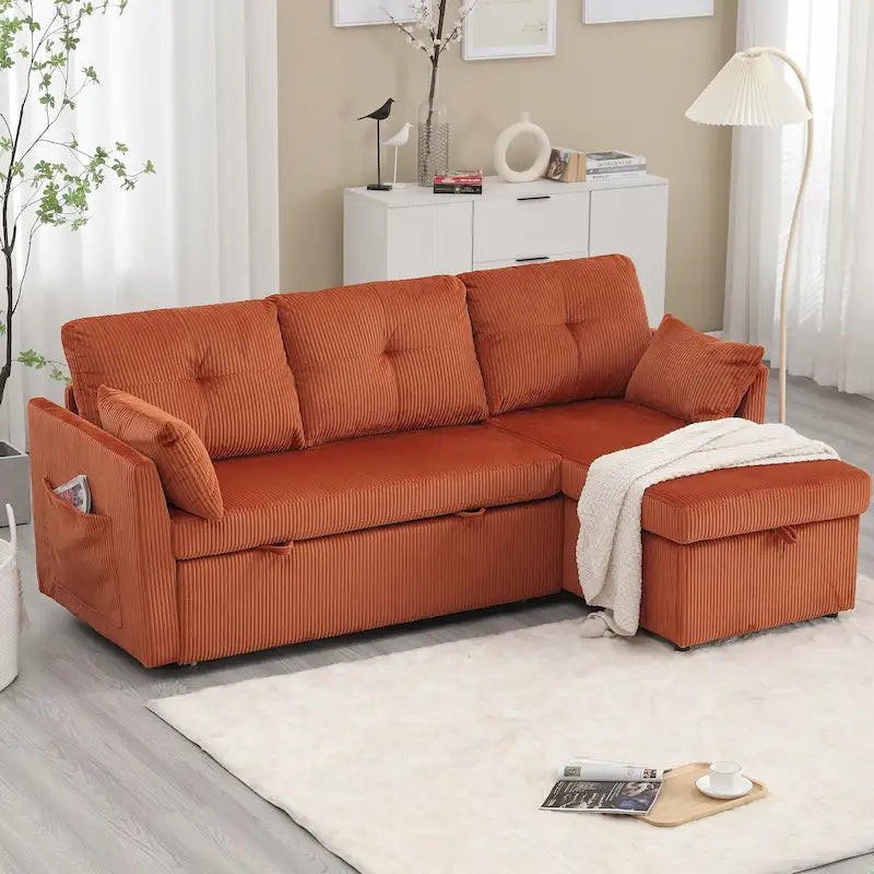 Divano Sezionale a L con Chaise Reversibile, Rivestimento in Velluto a Coste/Ciniglia, con Bracciolo Portaoggetti e Tasca Laterale