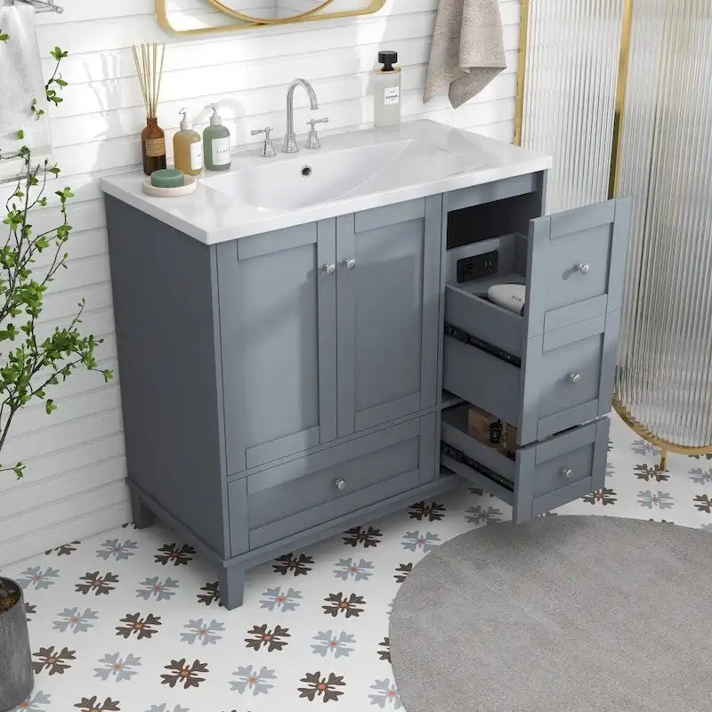 Mobile bagno da 36 pollici con ricarica USB, lavabo in resina, telaio in legno massello, 3 cassetti contenitori