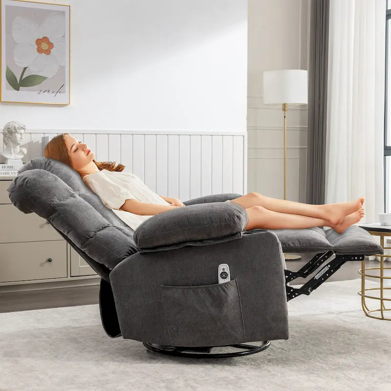 Poltrona reclinabile oversize grigia con calore e massaggio, reclinazione a 150°, oscillazione a 30°, ricarica USB e 2 portabicchieri